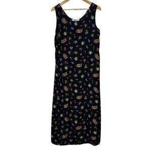 Vintage Nina Piccalino Garden Print Shift Dress Black Medium Art Artsy Cottage